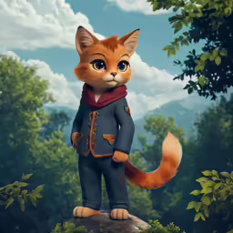 a cartoon painting of an orange cat in a gray outfit