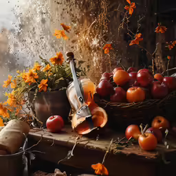 the flower and fruit display was photographed on this rainy day