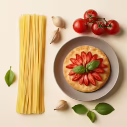 pasta, tomatoes and other ingredients on a table top