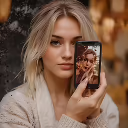 a woman holding up a camera to take a picture