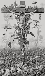 a painting of a person standing on a cross with other birds around him