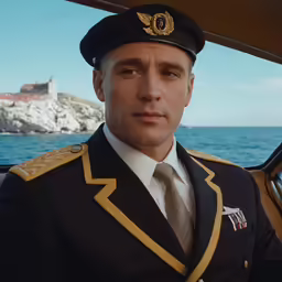 a man in uniform sitting in a vehicle next to the ocean