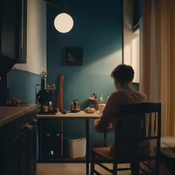 a woman sitting at a table with a light on