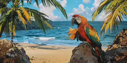 a colorful bird perched on a beach next to some palm trees