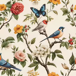 colorful birds perched on branches, flowers and butterflies