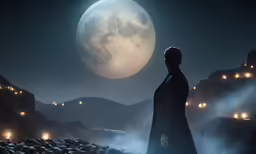 man standing on rocky surface with full moon in distance