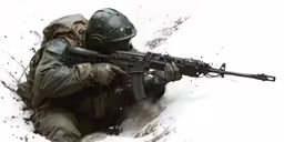 a soldier with an automatic rifle in a snowy scene