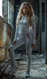 a woman wearing white and a white suit with red letters