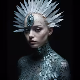 a woman with silver and white feathers on her head