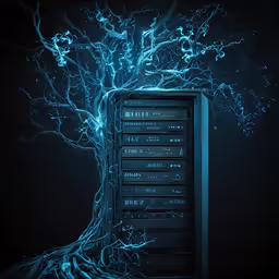 a dark computer storage cabinet is displayed with a bright glowing tree in the background