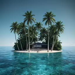 a small house on a small island with several palm trees