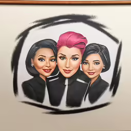 a group of women wearing black uniforms and wearing pink hair