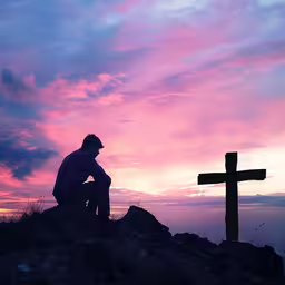 a person sitting on a rock looking at the sky,a man sits alone near a cross at sunset