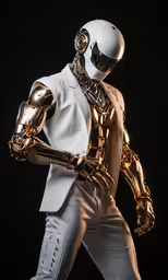 a robot dressed as a person in white is holding a gold plate