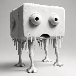a strange looking toy standing in front of a gray background