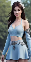 a woman in blue wearing a short outfit