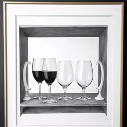 the wine glasses have three different colored wine glasses in them