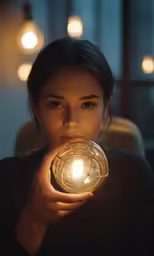 a woman looking through a lens light at the camera