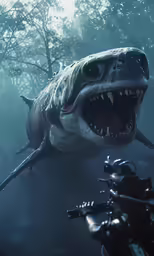 the shark is attacking a motorcycle in the water