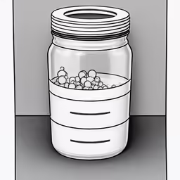 a jar filled with balls is sitting on a table