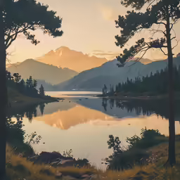 the sun is setting over the water and mountains