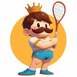 a cartoon illustration of a person with a mustache holding a tennis racquet