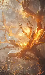 the sun shining through a tree branch that has burned off leaves