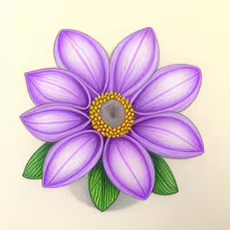 a purple flower with leaves and beading around the center