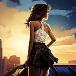 a female looking out over a city while wearing a short skirt,the back end of a woman standing on a balcony