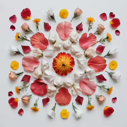 an arrangement of colorful flowers is laid out