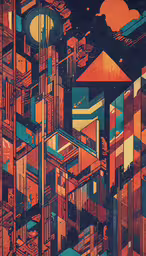 a photo of a multicolored building pattern in orange and blue,an art piece shows a futuristic city in orange and blue