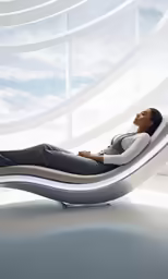 a woman lying on a reclining chair next to a window