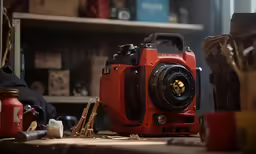 an old camera sitting on a table with many craft supplies