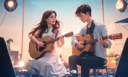 the couple is playing a song on guitar