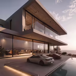 a modern house next to a large car in the driveway