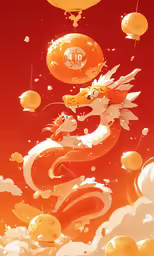 an orange and white dragon sitting on top of clouds