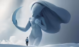 a woman is surrounded by the moon and a man