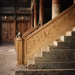 a set of stone stairs leading up to a wooden door