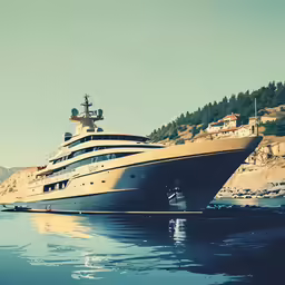a large yacht is moored in the water