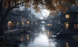 a river runs through a dark town at night