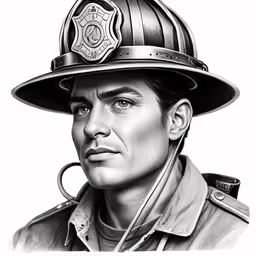 a pencil drawing of a man wearing a fireman helmet