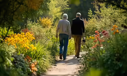 the two men are walking down the path together