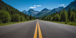 an empty highway near many evergreen trees and mountains