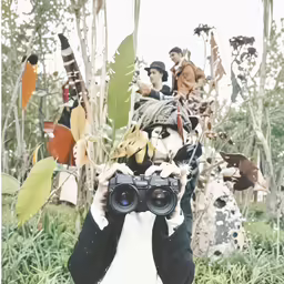a bird takes a photo with a camera in front of statues of people in the forest