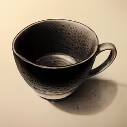 a closeup view of a black cup on a white table