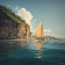 a boat in the ocean near some cliff side