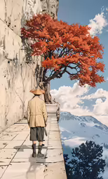 a man is walking towards an orange tree