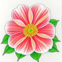 a picture of a pink flower painted on white paper,a drawing of a flower on white paper,a flower has three petals and green leaves,an image of a flower on paper with colored pencils,a drawing of a large pink flower with green leaves on the outside