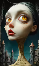 a lady face with large yellow eyes and yellow eyes is surrounded by buildings