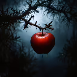 an apple hanging from the limb of a pine tree